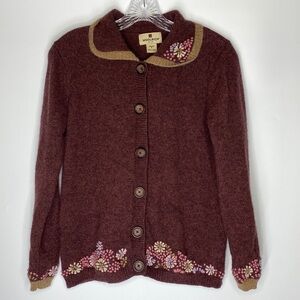 Woolrich Burgundy Floral Button Up Wool Cardigan Sweater Size Medium